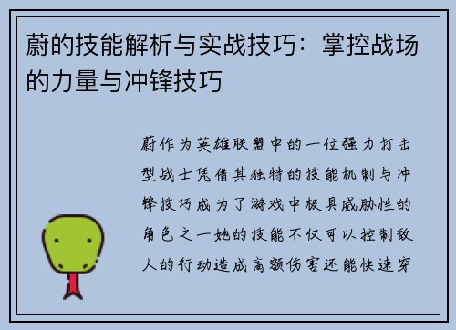 蔚的技能解析与实战技巧：掌控战场的力量与冲锋技巧